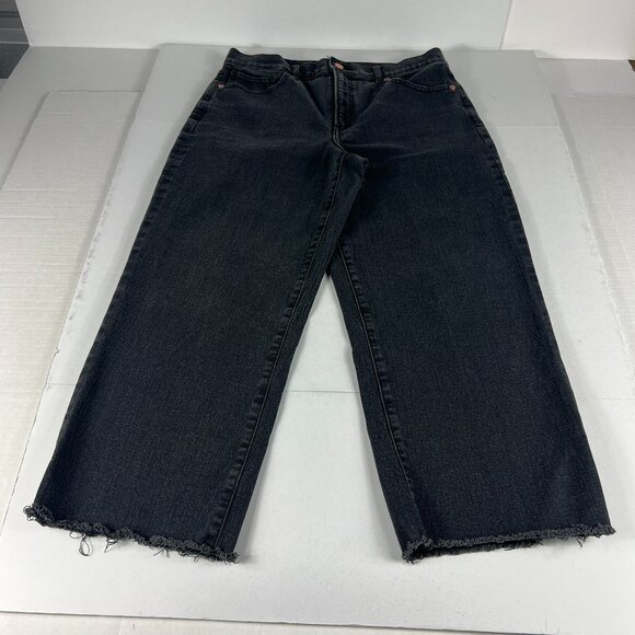 Express Jeans Women 32x24* High Rise Cropped Wide Leg Black Raw Hem Denim Tag 12 - Picture 1 of 16